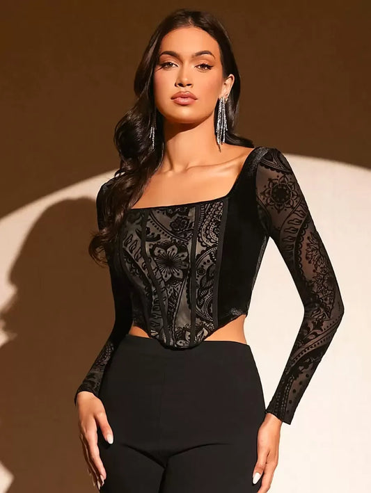 Floral Print Cropped Top, Square Neck, Asymmetrical Hem