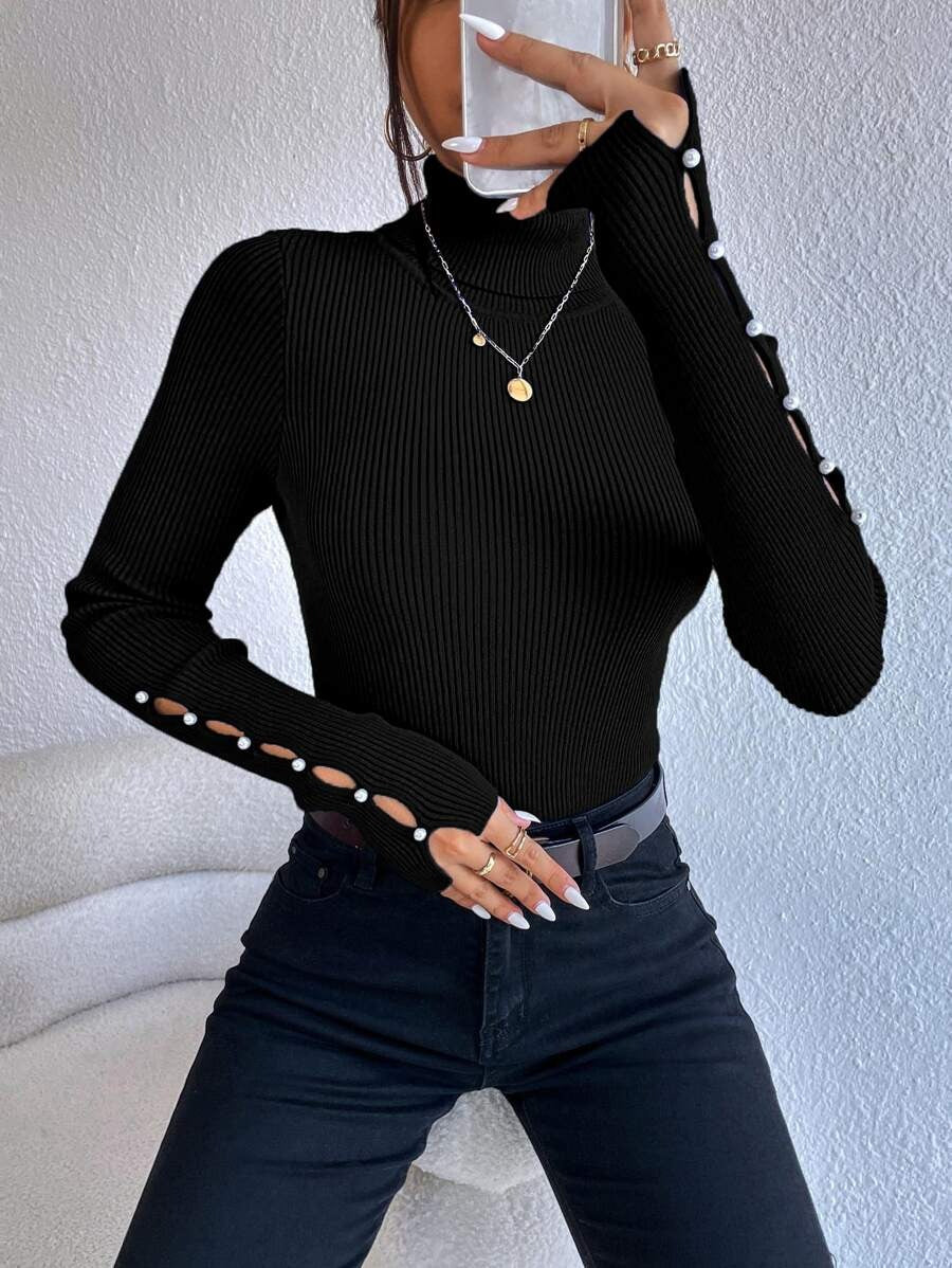 High-Neck Button Down Wool Sweater Long Sleeve Knitwear