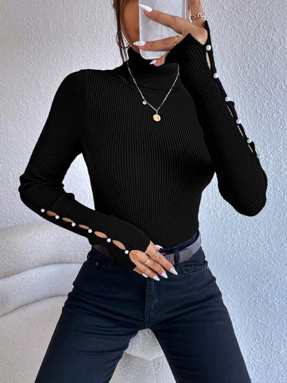 High-Neck Button Down Wool Sweater Long Sleeve Knitwear