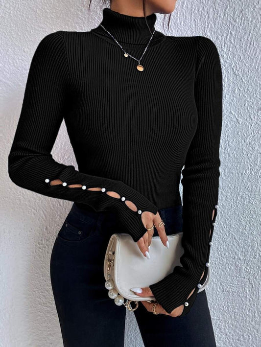 High-Neck Button Down Wool Sweater Long Sleeve Knitwear