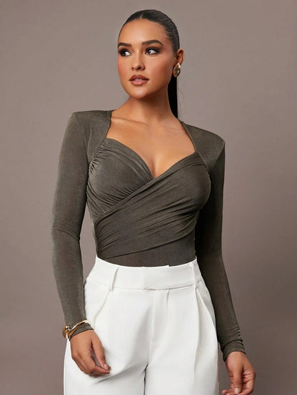 Petite Jumpsuit Ruffles & Asymmetrical Ribbed Design Olive Green