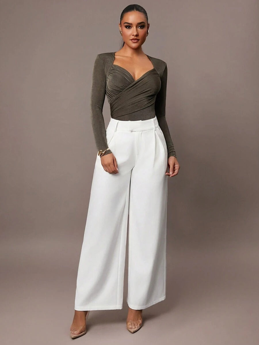 Petite Jumpsuit Ruffles & Asymmetrical Ribbed Design Olive Green