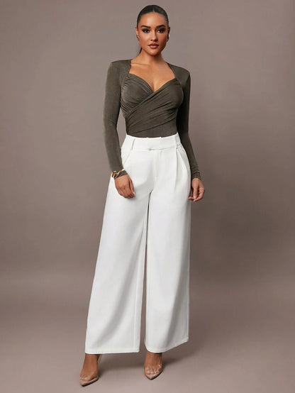 Petite Jumpsuit Ruffles & Asymmetrical Ribbed Design Olive Green