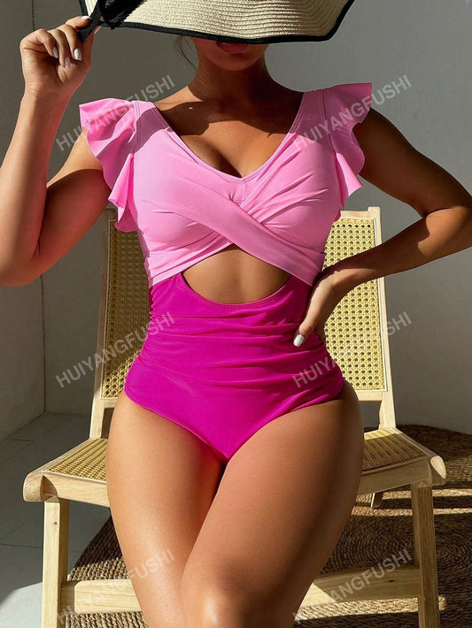 One Piece Backless Front Cross Patch work Swimsuit _Sexy Summer Design مايوه حريمي قطعة واحدة صيفي، مكشوف الظهر والصدر، بتصميم  تريندي، مناسب للبحر والمصيف – مايوه أنيق ومثير 