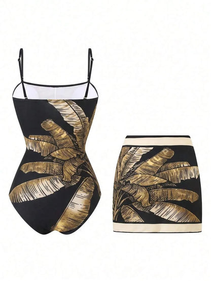 One-Piece Flat-Breasted Swimsuit with Skirt, Long Mesh Skirt with Side Tie and Luxurious Spot Print