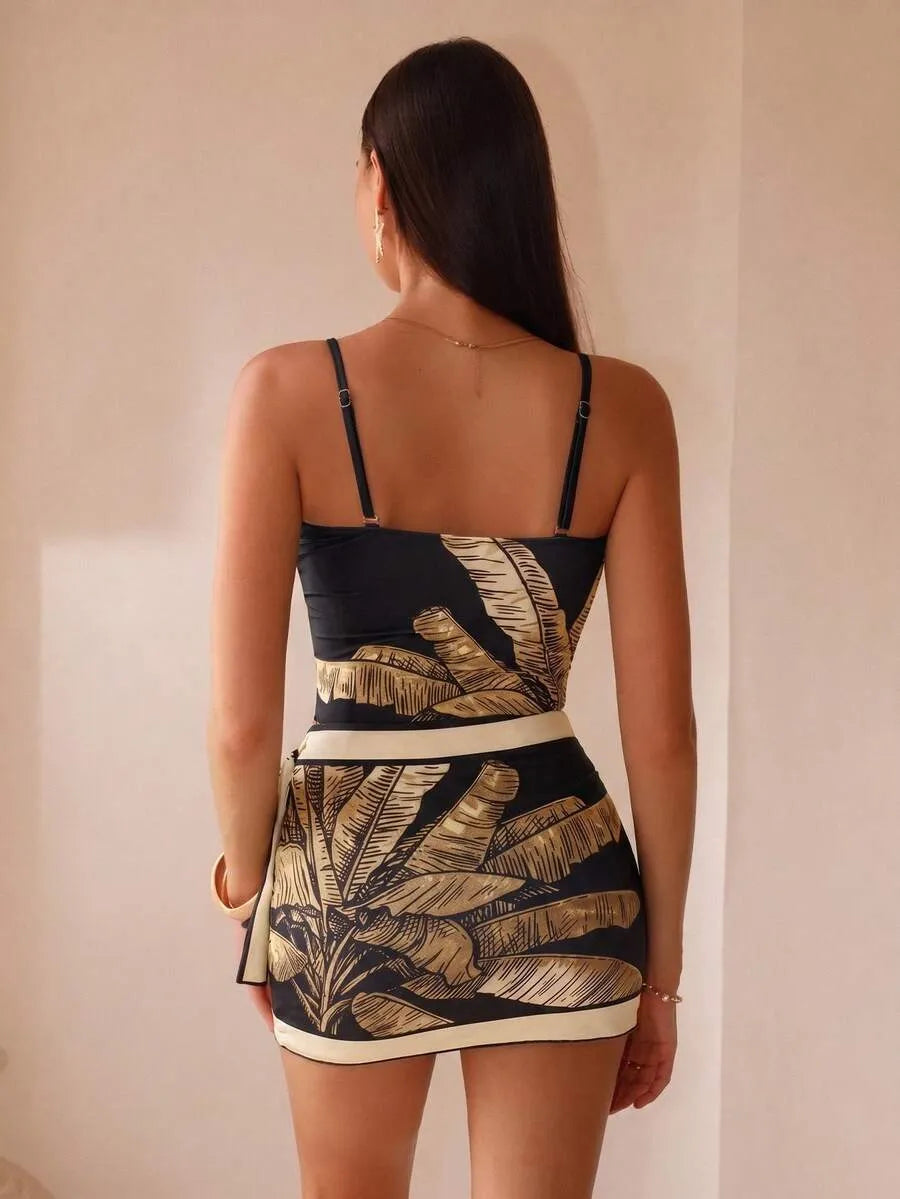 One-Piece Flat-Breasted Swimsuit with Skirt, Long Mesh Skirt with Side Tie and Luxurious Spot Print