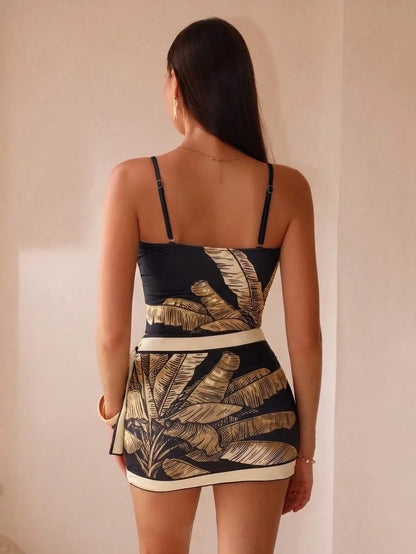 One-Piece Flat-Breasted Swimsuit with Skirt, Long Mesh Skirt with Side Tie and Luxurious Spot Print