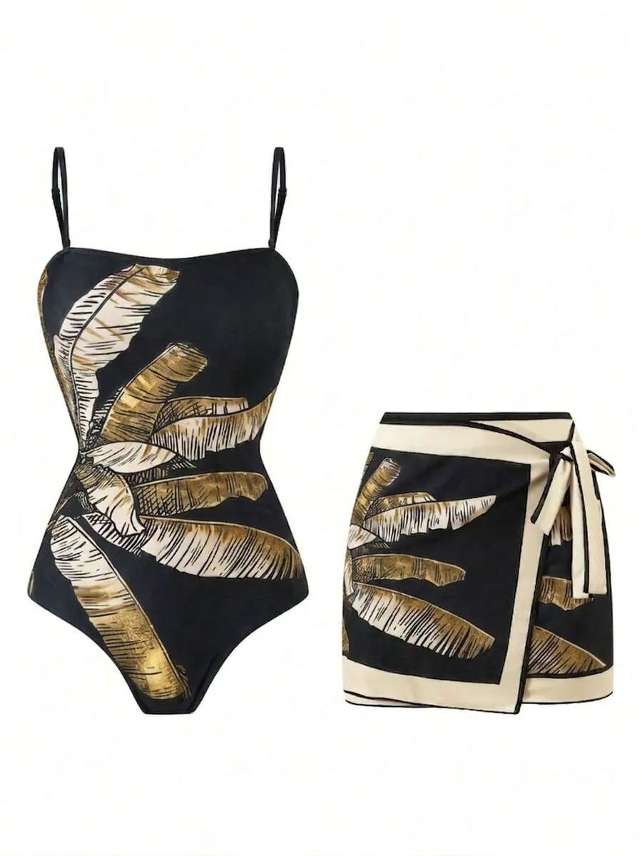 One-Piece Flat-Breasted Swimsuit with Skirt, Long Mesh Skirt with Side Tie and Luxurious Spot Print