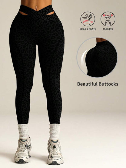 One-Piece Leopard Athletic Shorts – High Stretch, Crisscross Ribbed Waist for Fitness & Yoga
