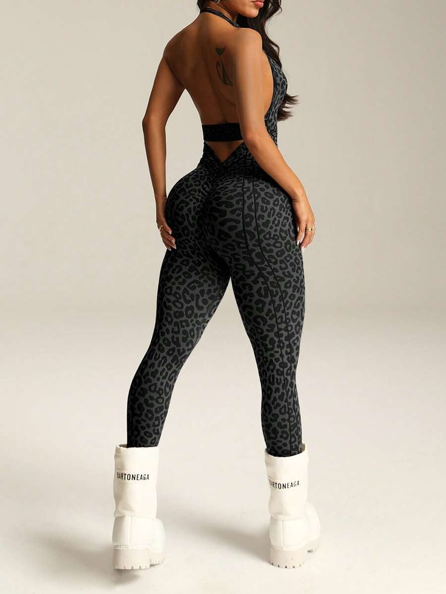 One-Piece Leopard Print Jumpsuit – Deep V-Neck, Open Back, Stretch Fit for Fitness & Dance