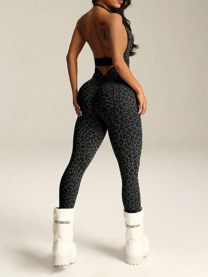 One-Piece Leopard Print Jumpsuit – Deep V-Neck, Open Back, Stretch Fit for Fitness & Dance