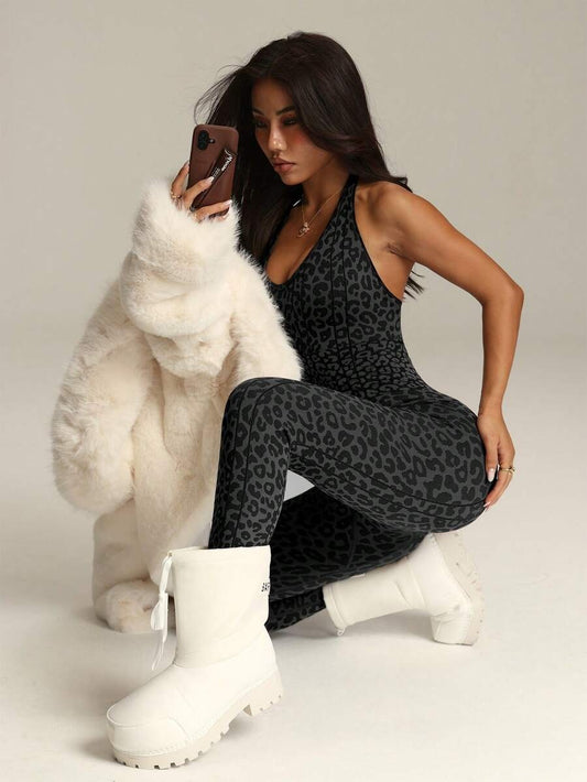 One-Piece Leopard Print Jumpsuit – Deep V-Neck, Open Back, Stretch Fit for Fitness & Dance