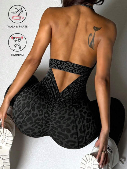 One-Piece Leopard Print Jumpsuit – Deep V-Neck, Open Back, Stretch Fit for Fitness & Dance