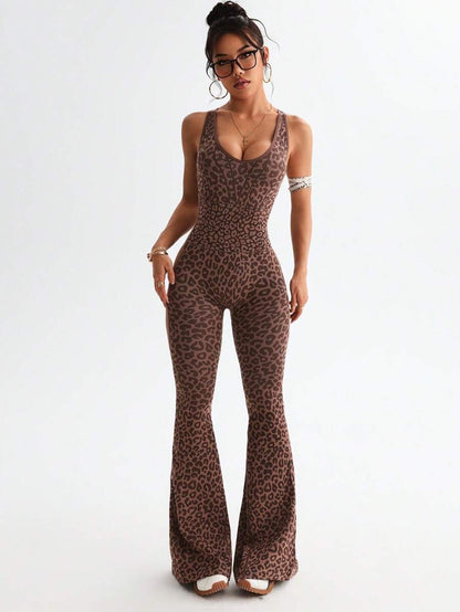 One-Piece Pant Suit with a Crisscross Back Design and Deep V-Neck Leopard Print