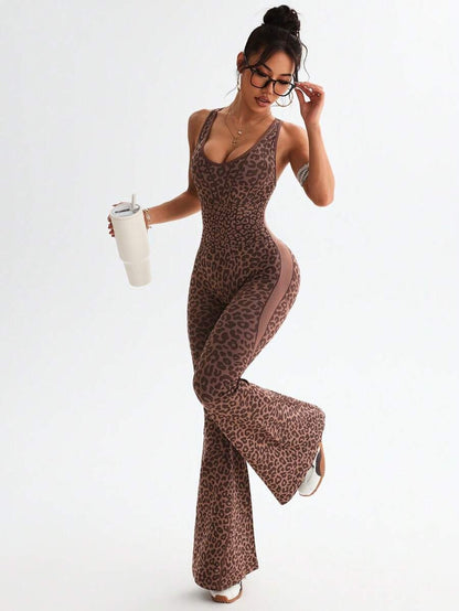 One-Piece Pant Suit with a Crisscross Back Design and Deep V-Neck Leopard Print