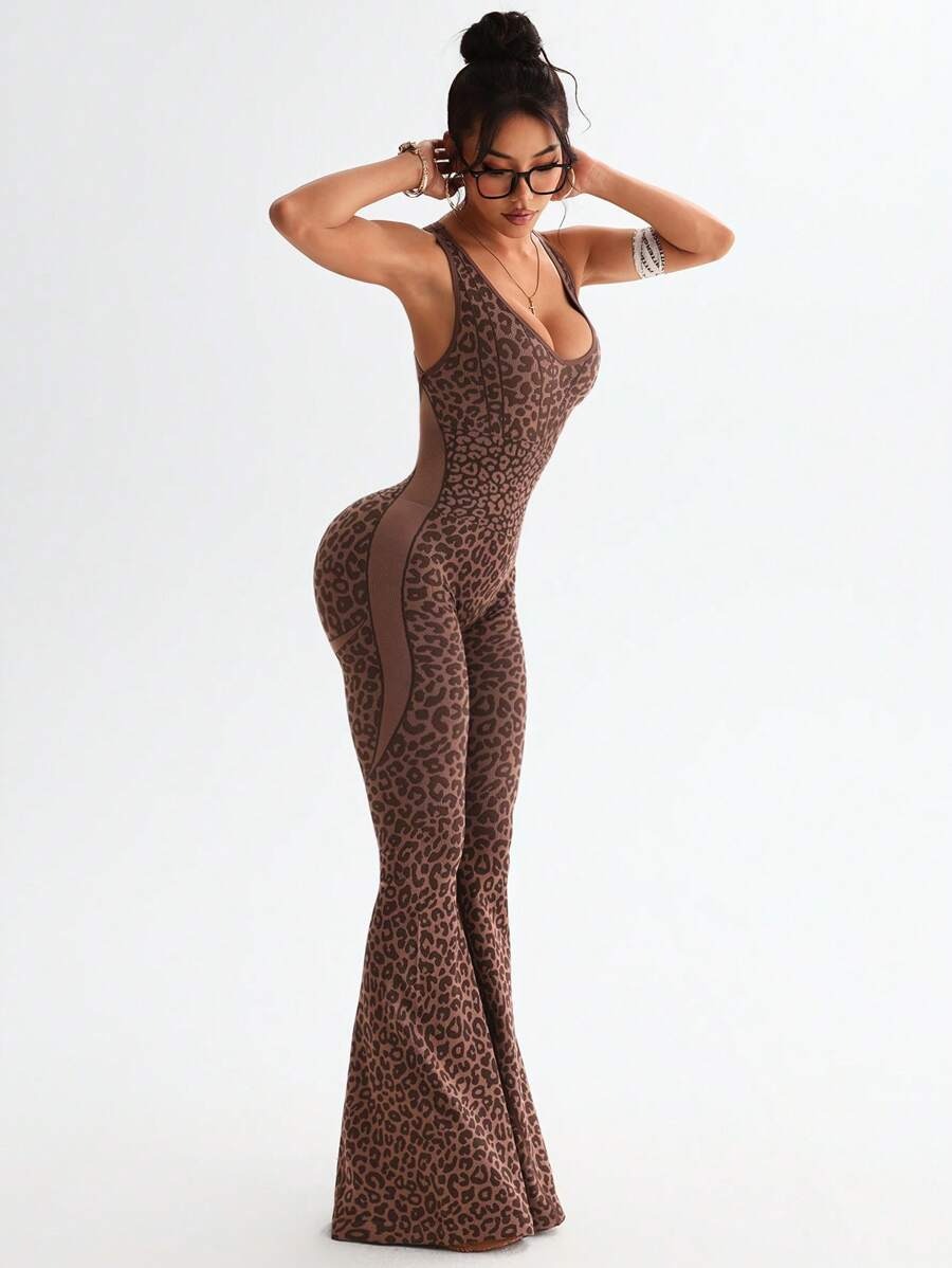 One-Piece Pant Suit with a Crisscross Back Design and Deep V-Neck Leopard Print