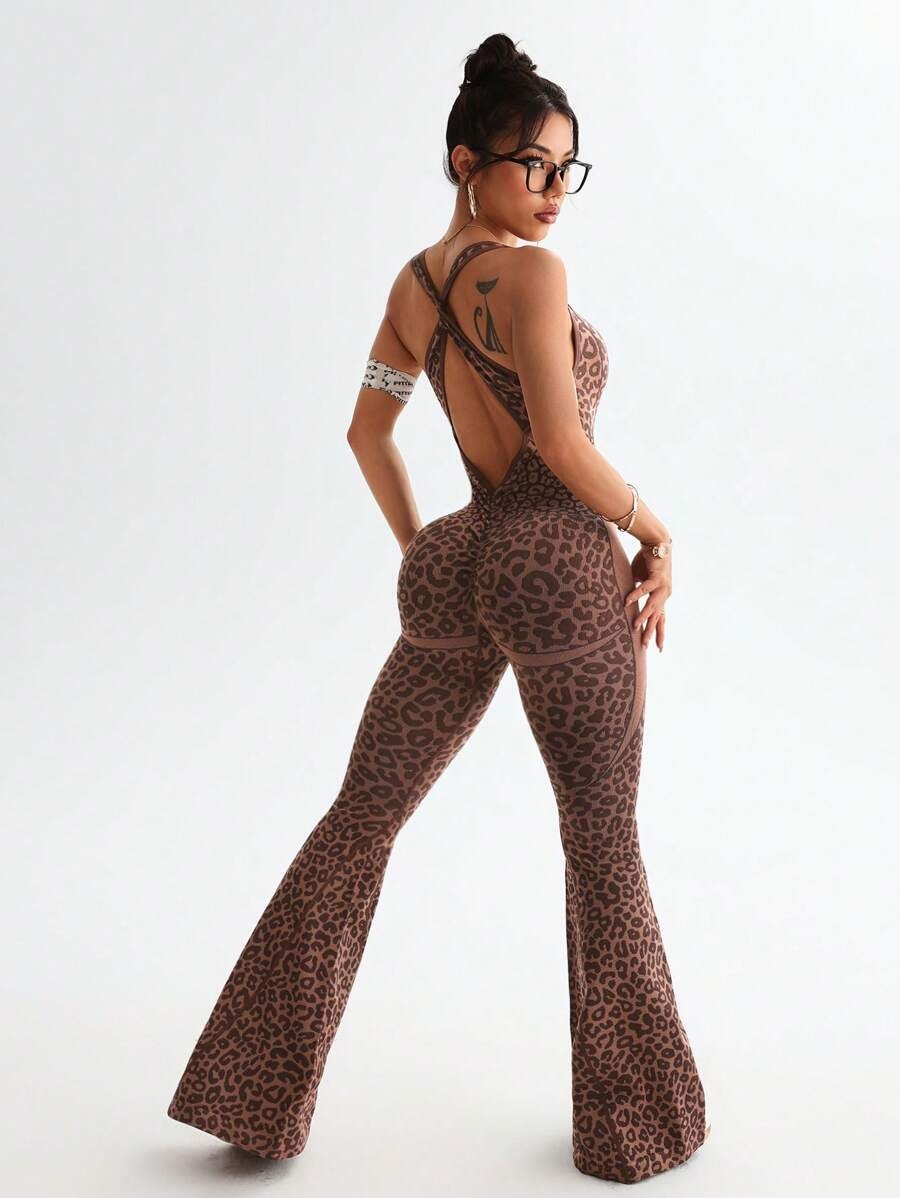 One-Piece Pant Suit with a Crisscross Back Design and Deep V-Neck Leopard Print