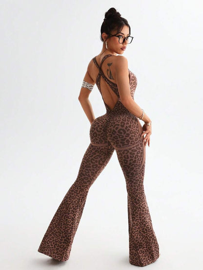 One-Piece Pant Suit with a Crisscross Back Design and Deep V-Neck Leopard Print