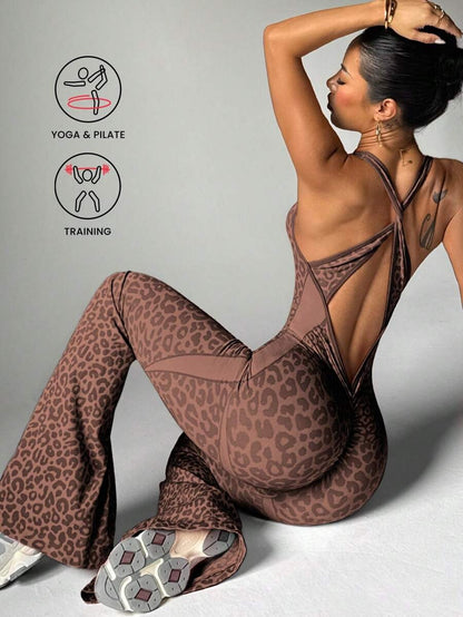 One-Piece Pant Suit with a Crisscross Back Design and Deep V-Neck Leopard Print