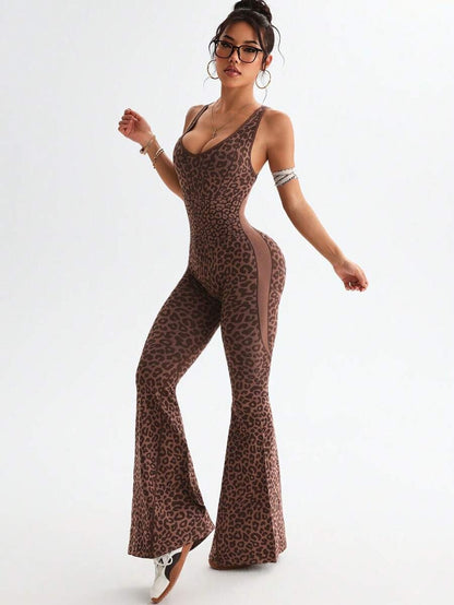 One-Piece Pant Suit with a Crisscross Back Design and Deep V-Neck Leopard Print