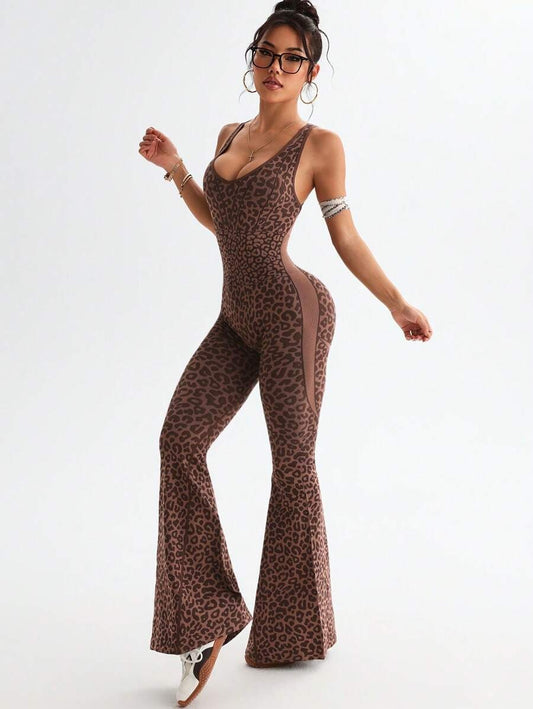 One-Piece Pant Suit with a Crisscross Back Design and Deep V-Neck Leopard Print