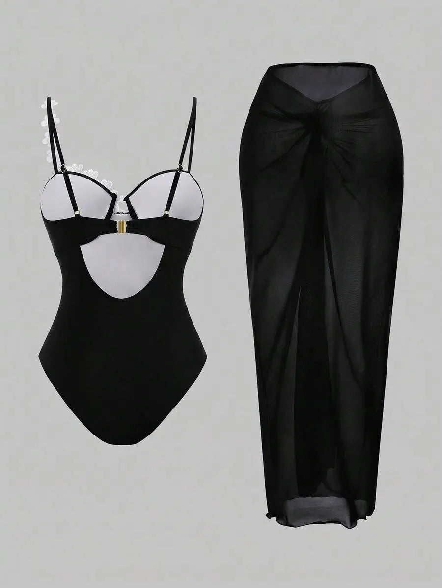 One-Piece Set with Shaped Cups and Push-Up Bra in Yellow with Skirt