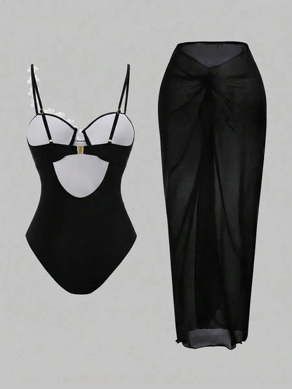 One-Piece Set with Shaped Cups and Push-Up Bra in Yellow with Skirt