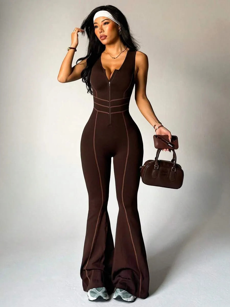 One-Piece Striped Jumpsuit-V-Neck, Front Zip, Open Back & Drawstring Waist