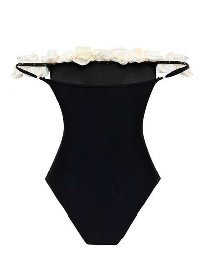 One-Piece Swimsuit Long – Black Floral Print, Chic Bodycon Beach Style