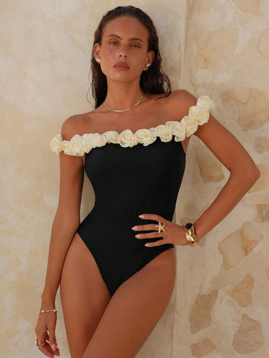 One-Piece Swimsuit Long – Black Floral Print, Chic Bodycon Beach Style