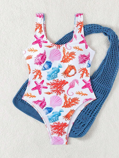 One-Piece Swimsuit – Women’s Printed Round Neck Open-Back Summer Style