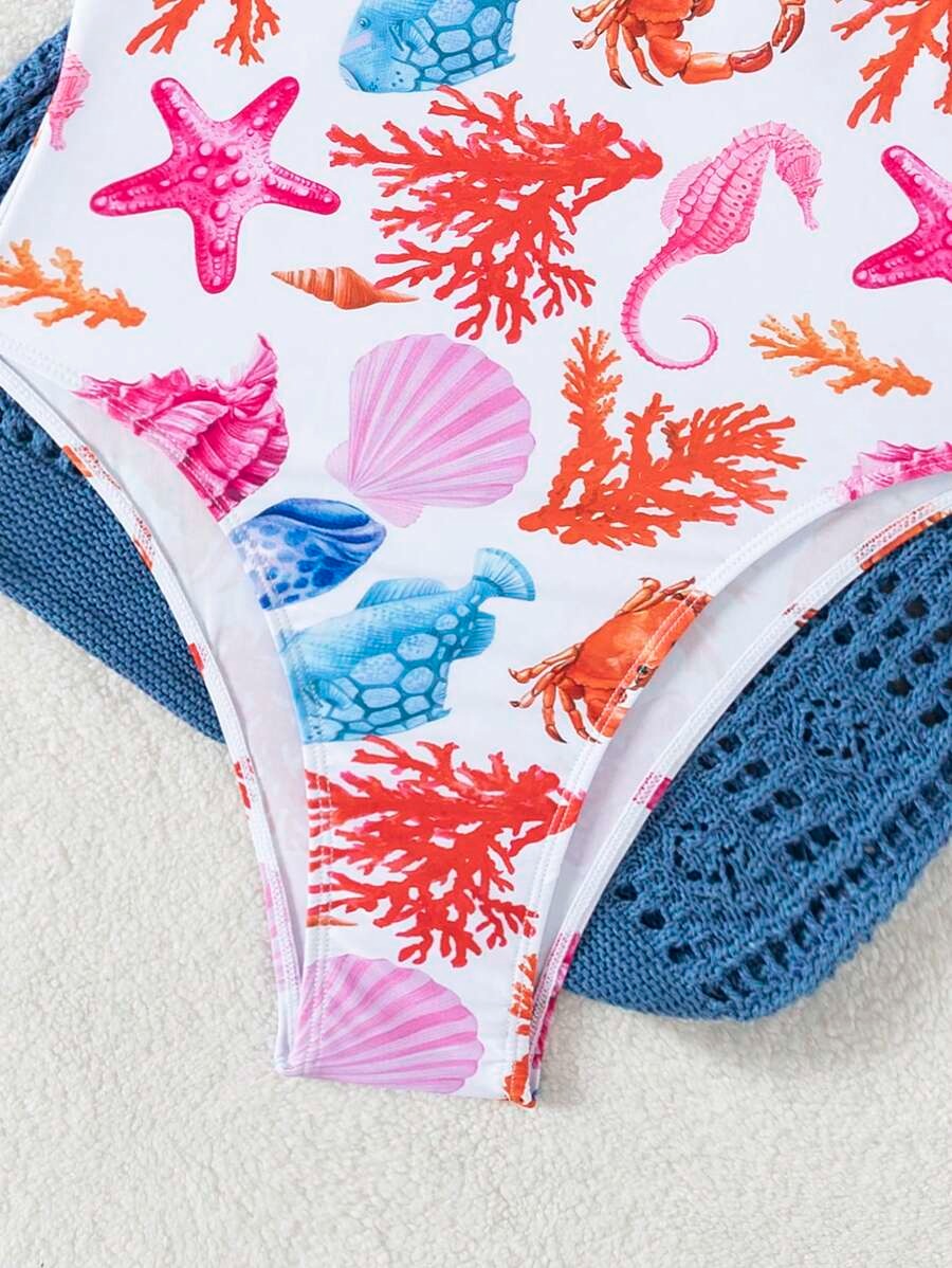 One-Piece Swimsuit – Women’s Printed Round Neck Open-Back Summer Style