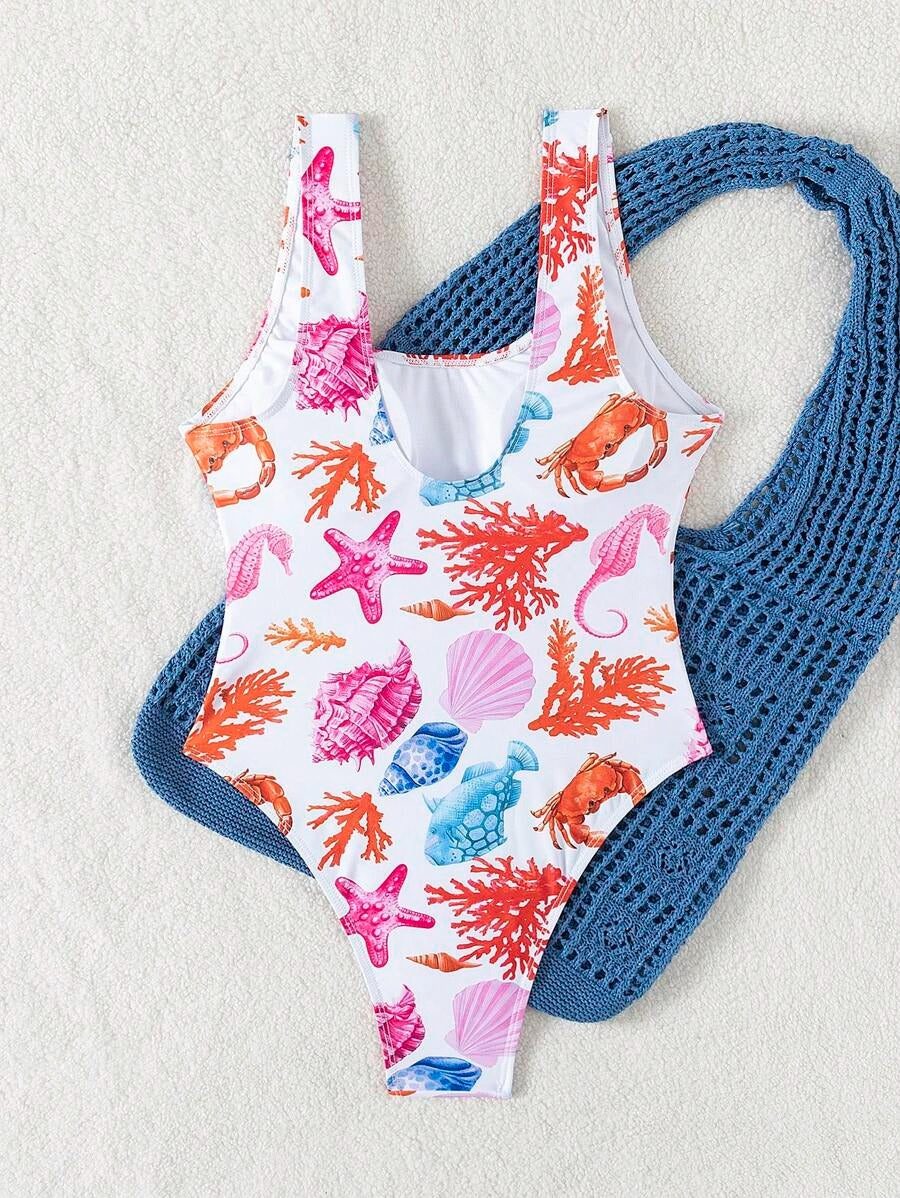 One-Piece Swimsuit – Women’s Printed Round Neck Open-Back Summer Style
