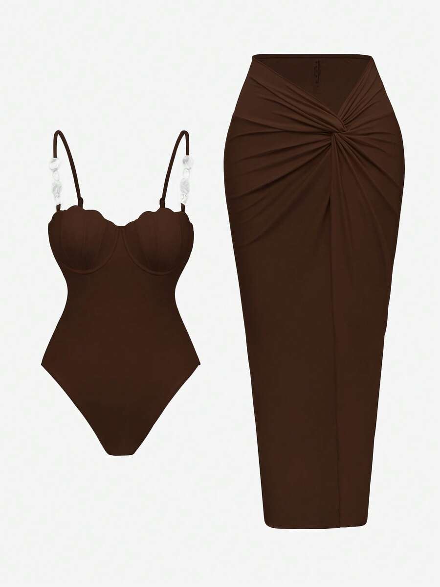 2-Piece Set Elegant One-Piece Swimsuit & Braided Cover-Up Skirt