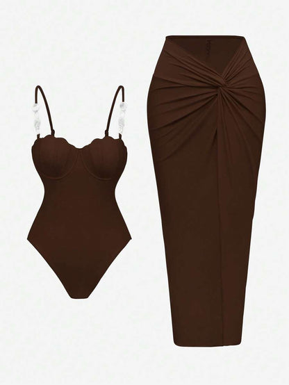 2-Piece Set Elegant One-Piece Swimsuit & Braided Cover-Up Skirt