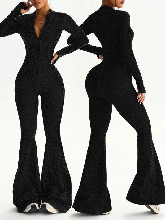 One-Piece Women’s Black Leopard Print Jumpsuit – Mock Neck, Front Zipper & Flared Leg