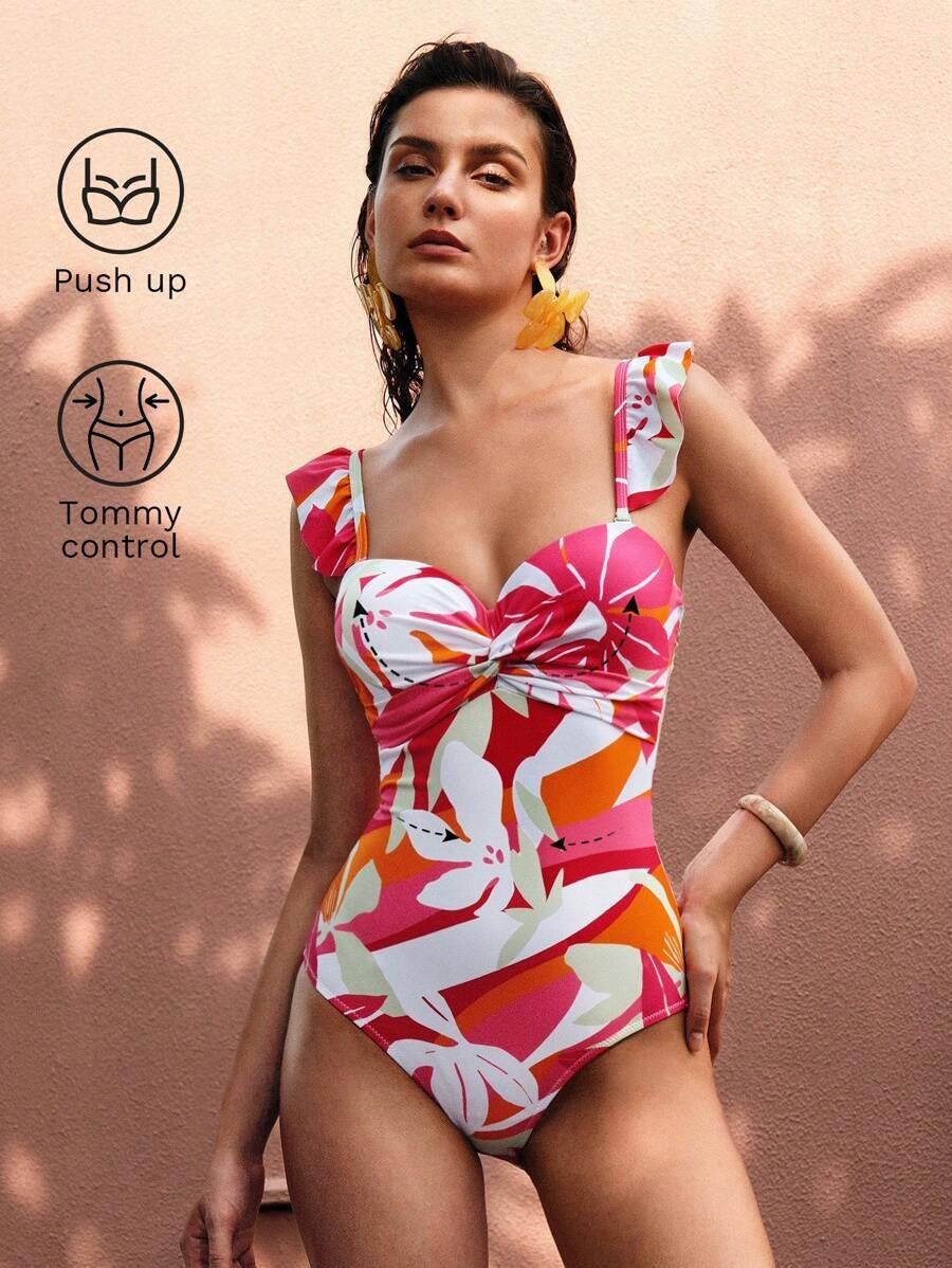 One-Piece Swimsuit with Leaf Print & Twist Detail- مايوه نسائي قطعه واحده