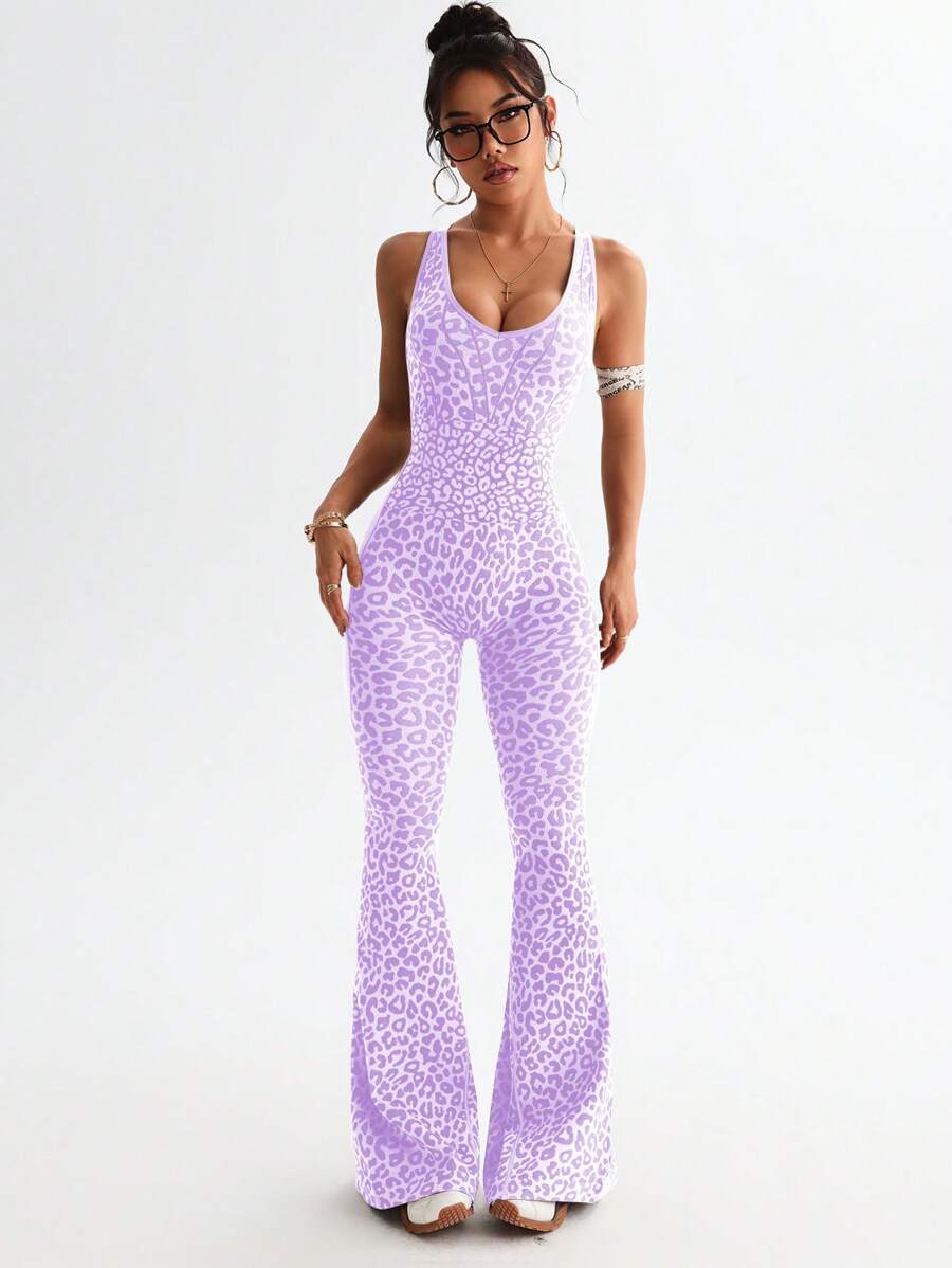 One-piece jumpsuit with a V-neck, leopard print, and crisscross back design