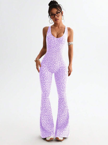 One-piece jumpsuit with a V-neck, leopard print, and crisscross back design