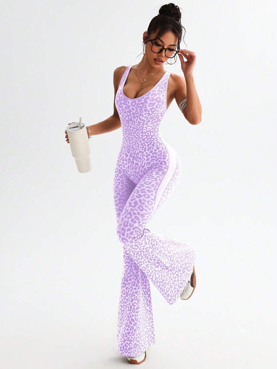 One-piece jumpsuit with a V-neck, leopard print, and crisscross back design
