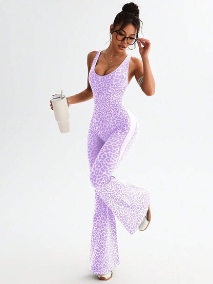 One-piece jumpsuit with a V-neck, leopard print, and crisscross back design