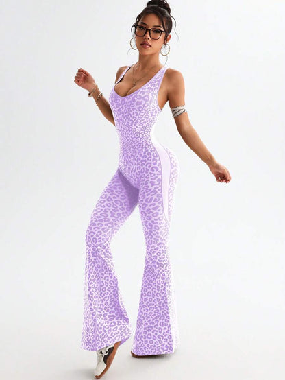One-piece jumpsuit with a V-neck, leopard print, and crisscross back design