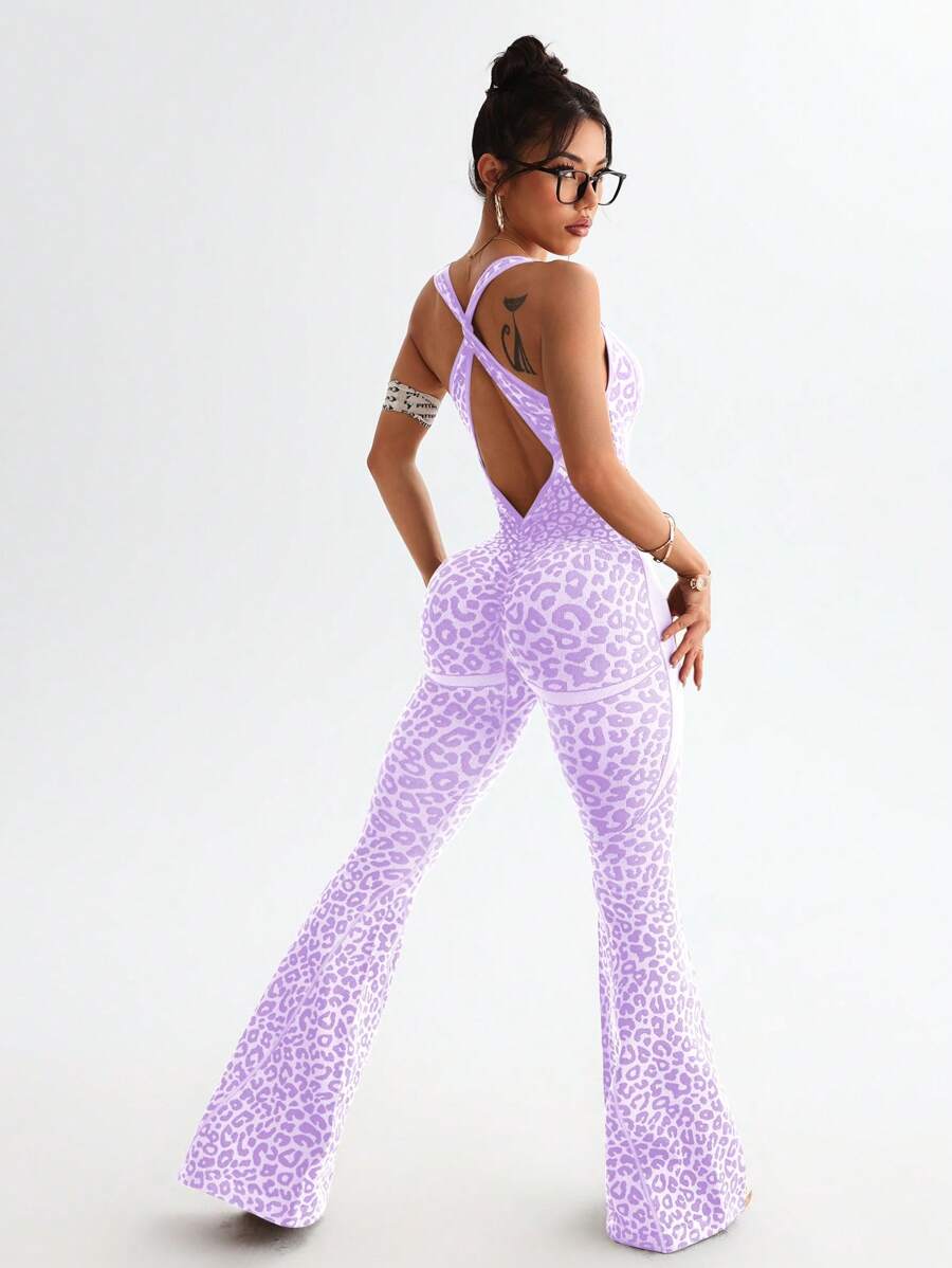 One-piece jumpsuit with a V-neck, leopard print, and crisscross back design