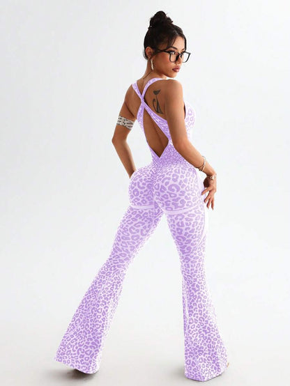 One-piece jumpsuit with a V-neck, leopard print, and crisscross back design