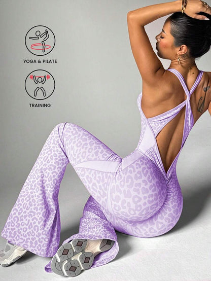 One-piece jumpsuit with a V-neck, leopard print, and crisscross back design