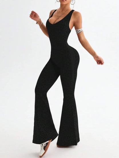 One-piece jumpsuit with a twisted back and deep V-neck in a leopard print