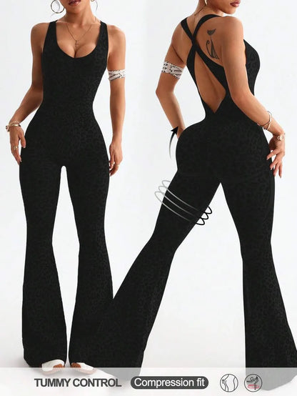 One-piece jumpsuit with a twisted back and deep V-neck in a leopard print