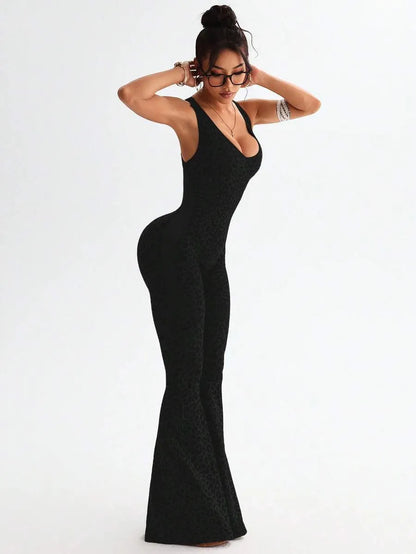 One-piece jumpsuit with a twisted back and deep V-neck in a leopard print