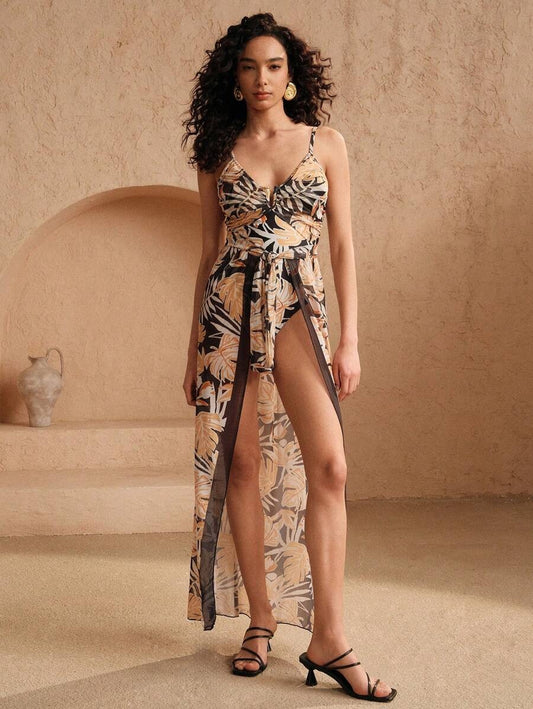 One Piece Swimsuit for Women – Tropical Plant Print with Skirt Cover-Up 2-Piece Set