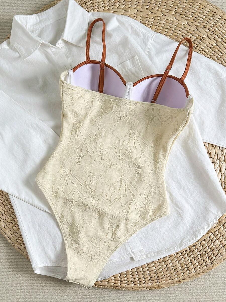 One-Piece Swimsuit – Wavy Texture, Shoulder Straps, Beach & Resort Style